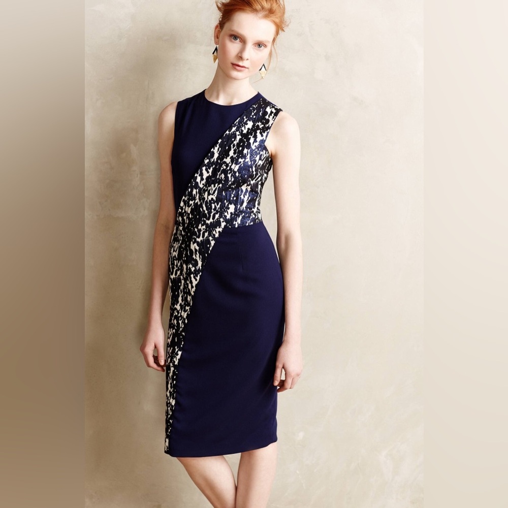 Misha Nonoo Navy Blue Metallic Espalier Sheath Dress Size 4 NWT